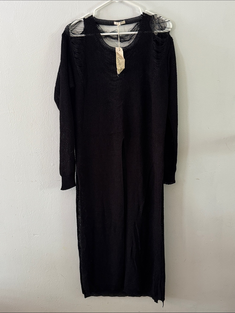NWT Love Sen Black Open Knit Top with Distressed Edge Sz OS
